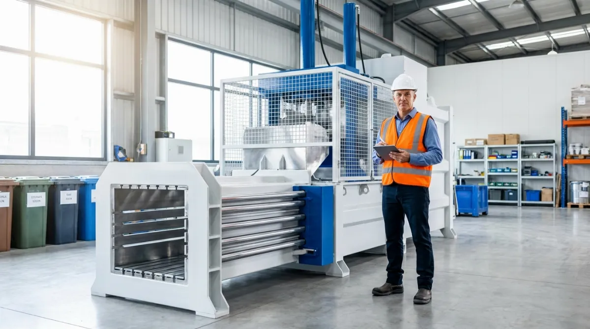 Ein professioneller Anlagenmanager steht neben einer modernen industriellen Kanalballenpresse in einer hellen Recyclinganlage.