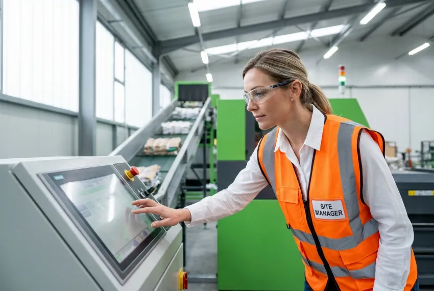 Eine Ingenieurin bedient das Touch-Panel einer vollautomatischen Kanalballenpresse in einer Industrieanlage.