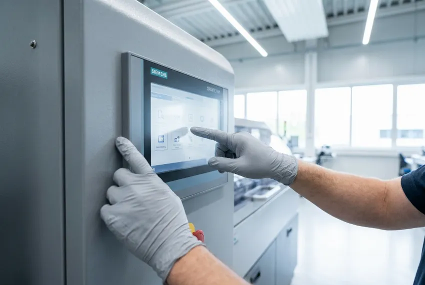 Ein Techniker bedient das moderne Touch-Panel einer automatischen Ballenpresse.