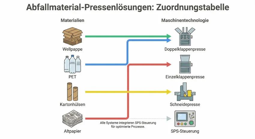 Infografik mit einer Vergleichstabelle, die verschiedene Materialien den passenden Pressenlösungen zuordnet.