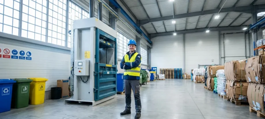 Ein Arbeiter mit blauem Schutzhelm und gelber Warnweste steht mit verschränkten Armen stolz neben einer der modernen Recycling-Ballenpressen in einer hellen Anlage. Links von ihm stehen farbige Mülltonnen zur Mülltrennung, während auf der rechten Seite fertige, auf Paletten gestapelte Kartonballen lagern.