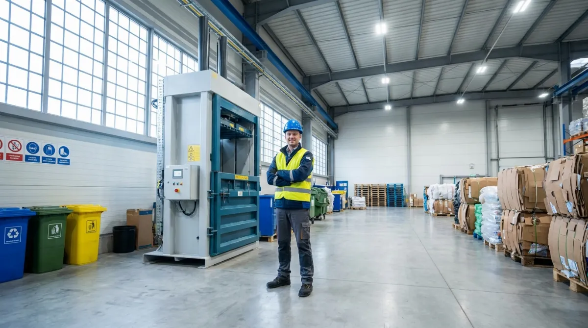 Ein Arbeiter mit blauem Schutzhelm und gelber Warnweste steht mit verschränkten Armen stolz neben einer der modernen Recycling-Ballenpressen in einer hellen Anlage. Links von ihm stehen farbige Mülltonnen zur Mülltrennung, während auf der rechten Seite fertige, auf Paletten gestapelte Kartonballen lagern.