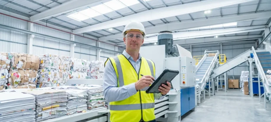 Ein Anlagenmanager inspiziert eine industrielle Ballenpresse für Papier in einem modernen Logistikzentrum.