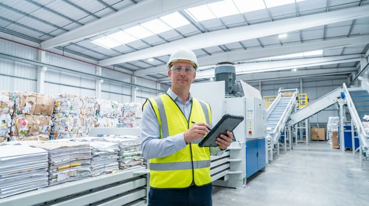 Ein Anlagenmanager inspiziert eine industrielle Ballenpresse für Papier in einem modernen Logistikzentrum.