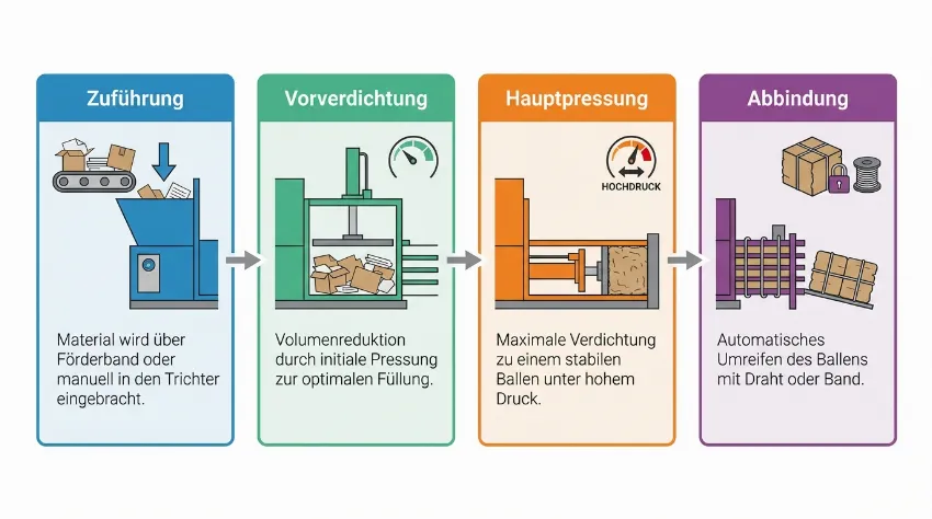 Infografik, die die vier Hauptschritte einer Papierballenpresse zeigt: Zuführung, Vorverdichtung, Hauptpressung und Abbindung.