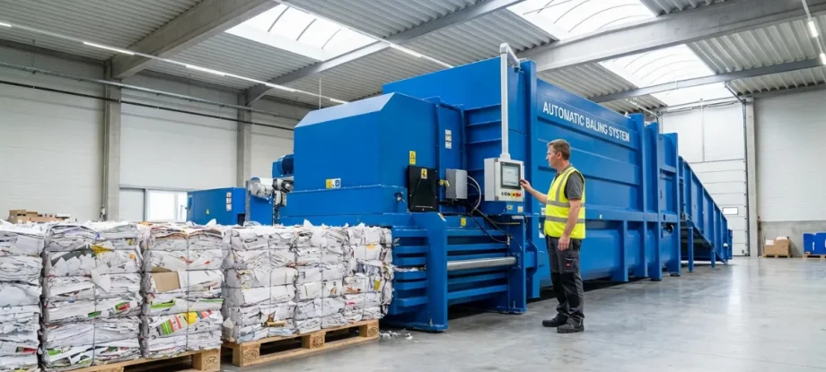 Ein professioneller Betriebsleiter inspiziert eine moderne Papierballenpresse in einer sauberen Industriehalle.