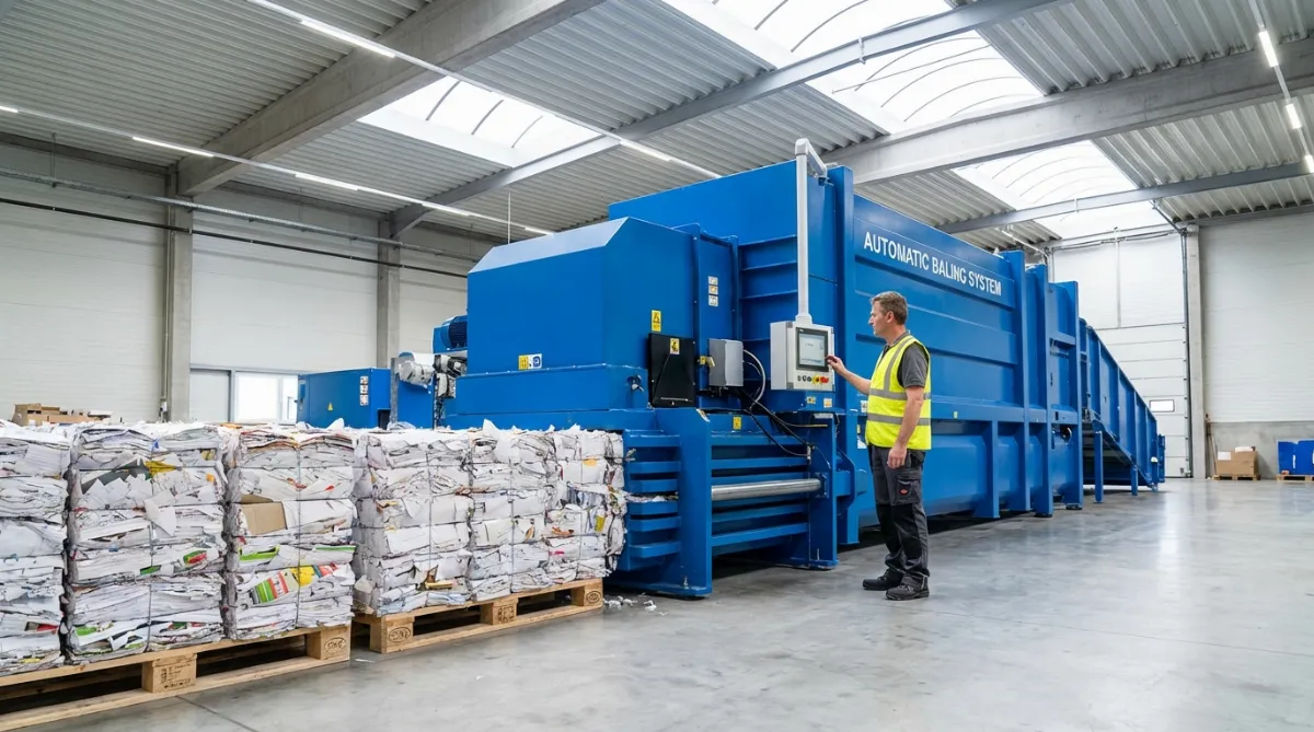 Ein professioneller Betriebsleiter inspiziert eine moderne Papierballenpresse in einer sauberen Industriehalle.