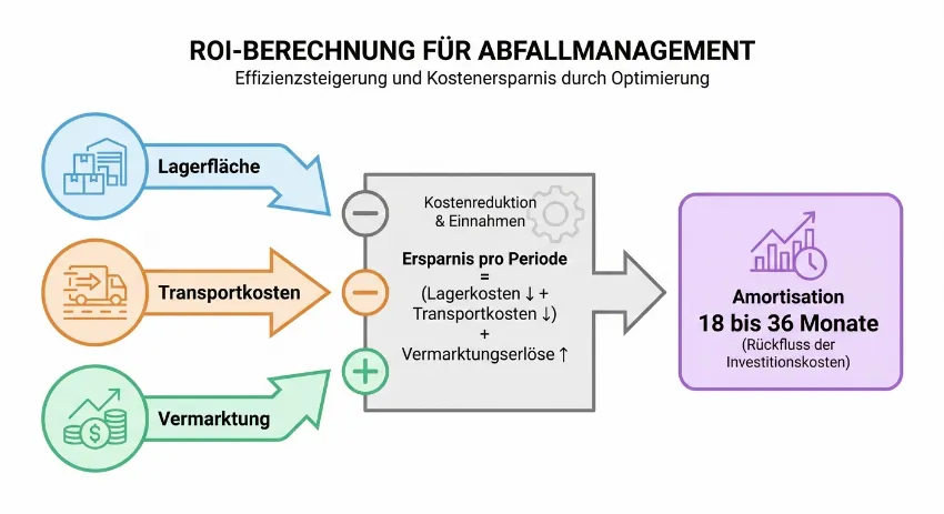 Infografik zur Berechnung des Return of Investment (ROI) bei der Anschaffung einer industriellen Ballenpresse.