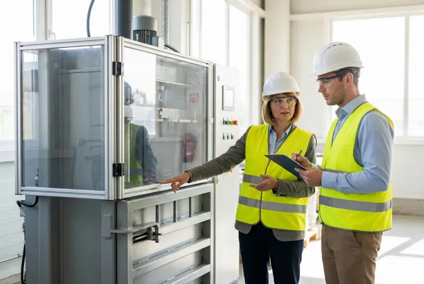 Zwei Fachkräfte besprechen die Sicherheitsstandards und Maschinenausstattung einer industriellen Papierpresse.