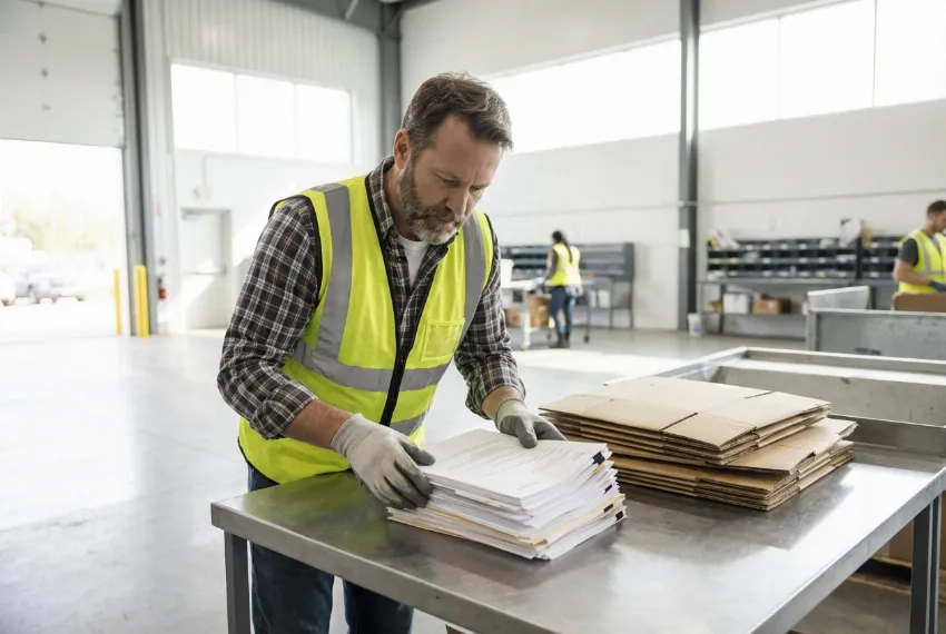 Ein Mitarbeiter in Schutzkleidung prüft saubere Kartonagen in einer modernen Recyclinganlage.