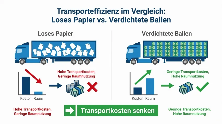 Infografik zum Vergleich der Transporteffizienz von losem Papier und verdichteten Ballen.
