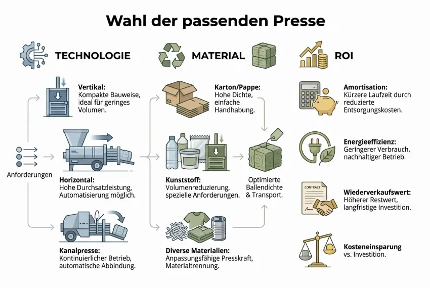 Zusammenfassende Infografik der wichtigsten Aspekte bei der Auswahl einer Ballenpresse.