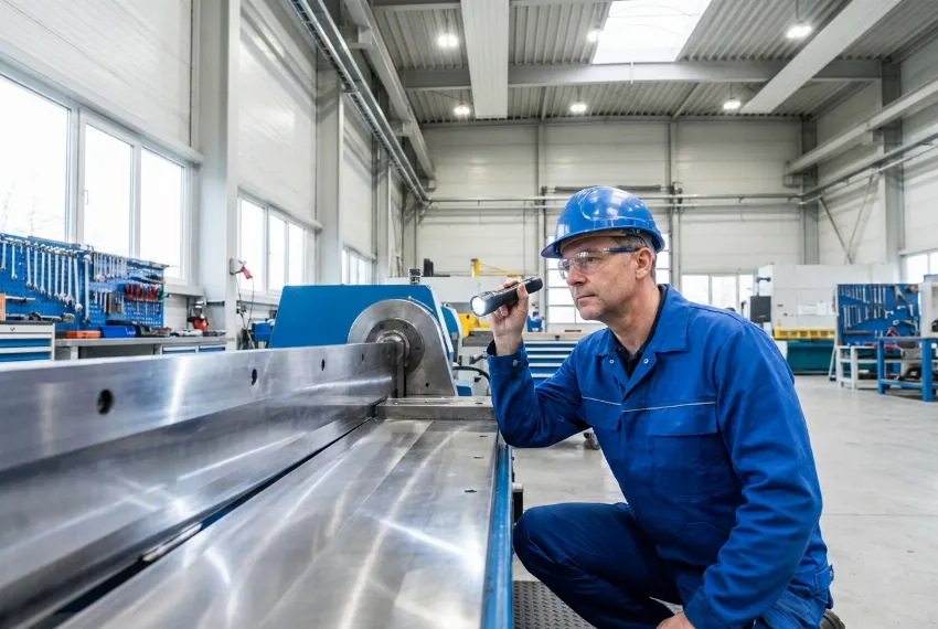 Ein Wartungstechniker inspiziert die massiven Verschleißplatten einer Recyclingmaschine.