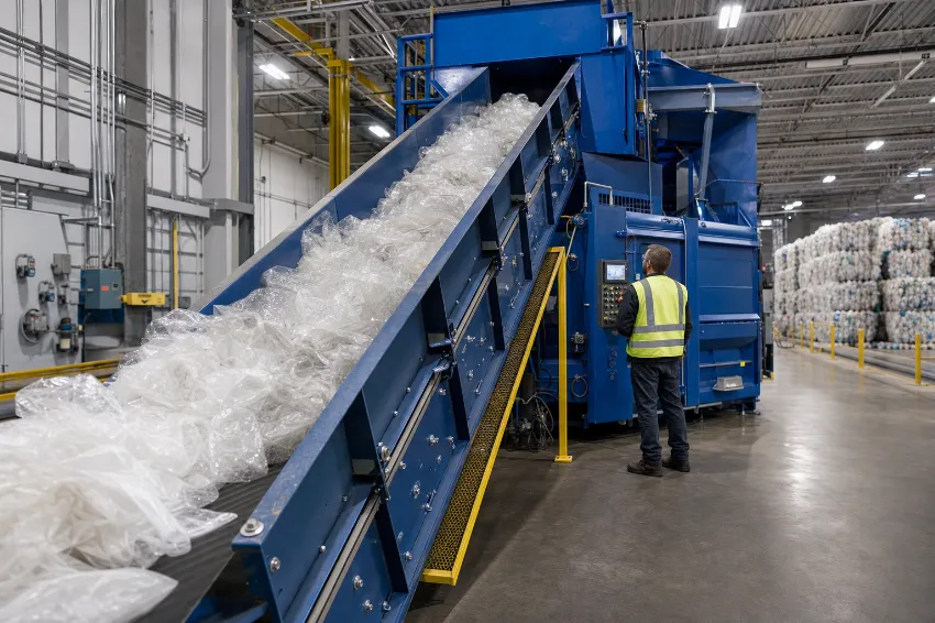 Ein Förderband transportiert große Mengen an loser Verpackungsfolie in den Trichter einer industriellen Kanalballenpresse.