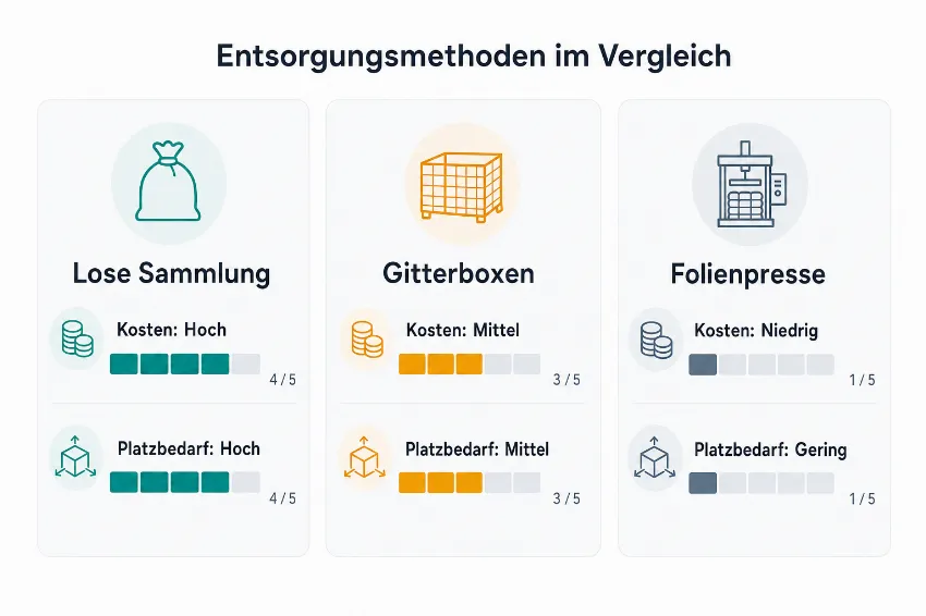 Infografik zum Vergleich von Entsorgungsmethoden: lose Sammlung, Gitterboxen und Folienpresse hinsichtlich Kosten und Platzbedarf.