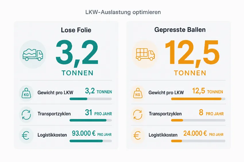 Infografik zur Optimierung der LKW-Auslastung durch verdichtete Folienballen.