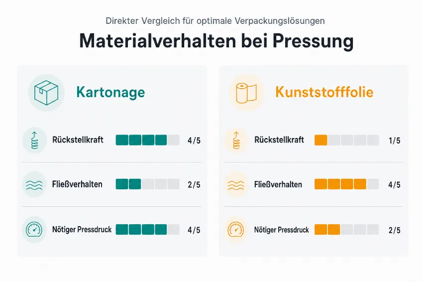 Infografik zum Materialverhalten von Kartonage und Kunststofffolie unter Pressdruck.