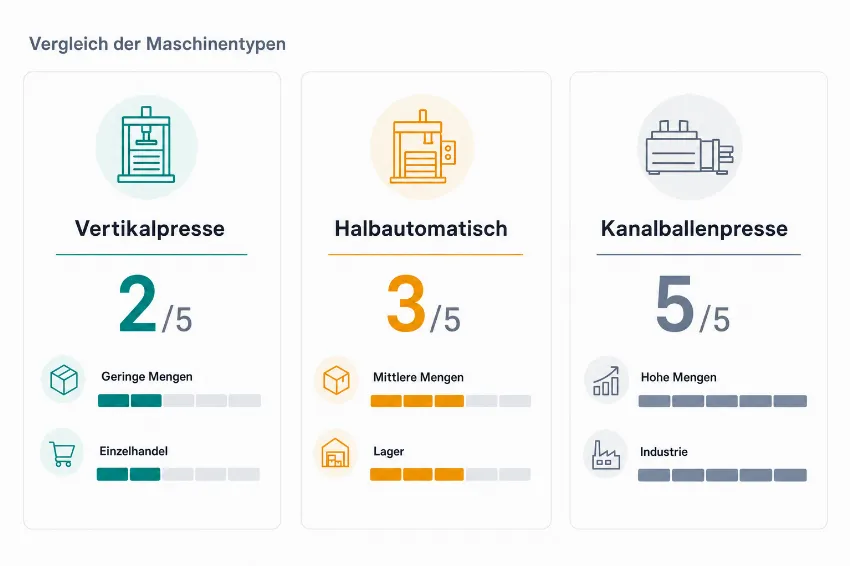 Vergleich zwischen Vertikalpresse, halbautomatischer Presse und Kanalballenpresse.