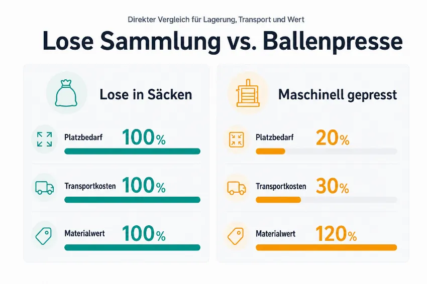 Infografik: Vergleich zwischen loser Sammlung und Ballenpresse für Plastikfolie.