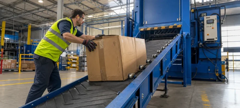 Ein Logistikmitarbeiter wirft einen großen Versandkarton auf das Förderband einer blauen industriellen Kartonagenpresse.