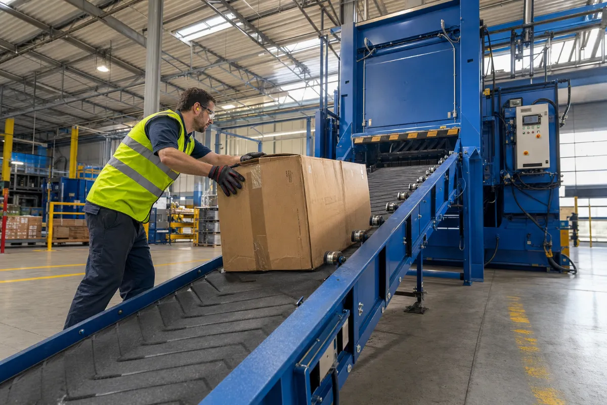 Ein Logistikmitarbeiter wirft einen großen Versandkarton auf das Förderband einer blauen industriellen Kartonagenpresse.