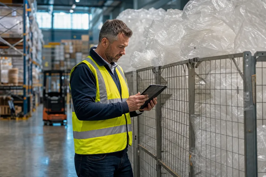 Ein Logistikleiter mit Tablet prüft die überfüllten Gitterboxen voller Plastikfolie im Lager.