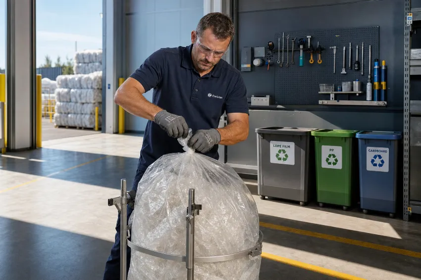 Ein Lagermitarbeiter verknotet einen vollen Foliensack in einem Knaphalter.
