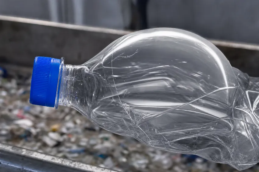 Nahaufnahme einer teilweise zerdrückten PET-Flasche mit fest verschlossenem Deckel, die prall mit Luft gefüllt ist.