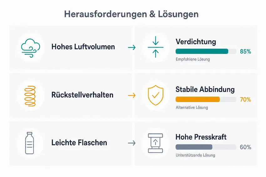 Tabelle mit den Problemen von PET-Flaschen, wie hohes Luftvolumen und Rückstellverhalten, sowie deren technischen Lösungen.
