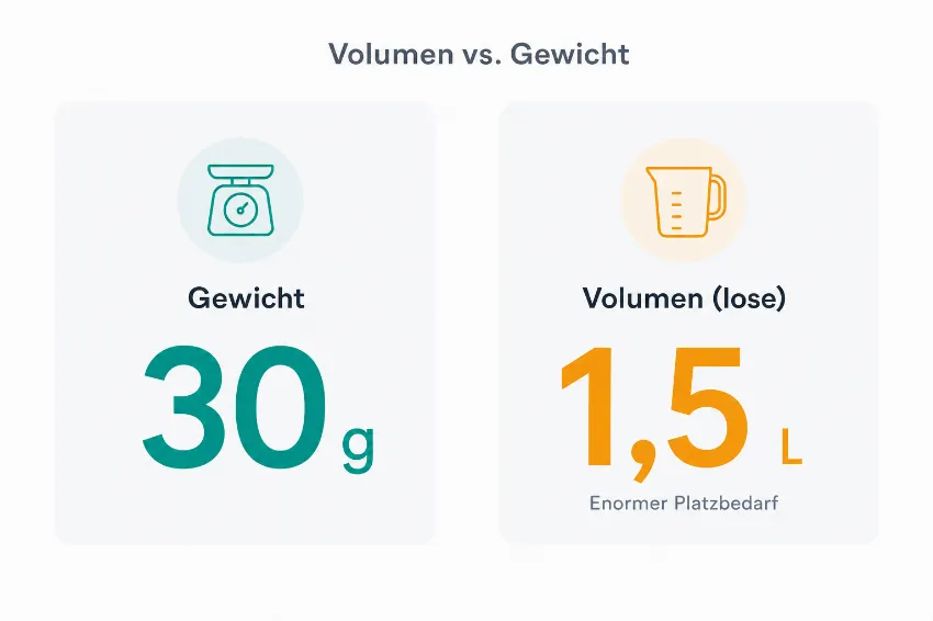 Infografik, die das Missverhältnis von 30 Gramm Gewicht zu 1,5 Litern Volumen bei einer PET-Flasche zeigt.