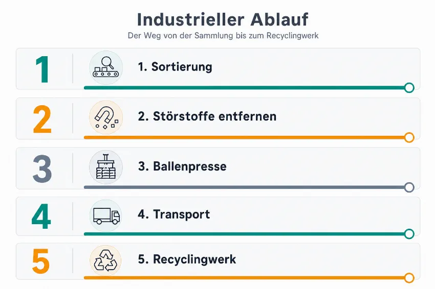 Infografik der fünf Schritte im industriellen PET-Recycling-Ablauf.
