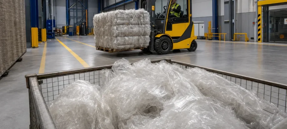 Wenn Betriebe Plastikfolie entsorgen: Eine Gitterbox quillt mit loser Folie über, während im Hintergrund ein Stapler einen gepressten Folienballen transportiert.