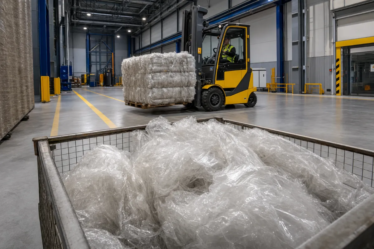 Wenn Betriebe Plastikfolie entsorgen: Eine Gitterbox quillt mit loser Folie über, während im Hintergrund ein Stapler einen gepressten Folienballen transportiert.