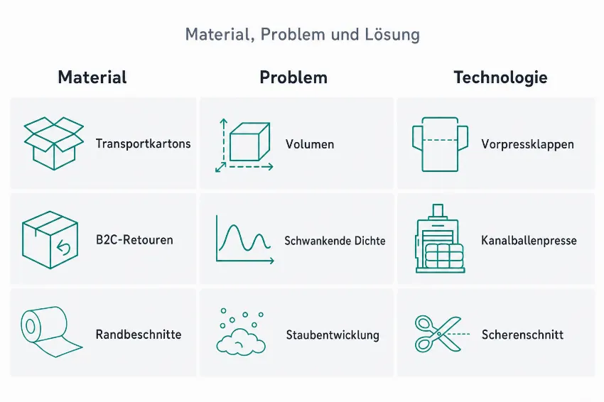 Tabelle mit der Übersicht von Karton-Materialien, logistischen Problemen und der empfohlenen Presstechnologie.