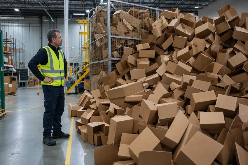 Logistikmitarbeiter steht vor einem überfüllten Gitterkorb mit unzerkleinerten, leeren Versandkartons in einer Lagerhalle.