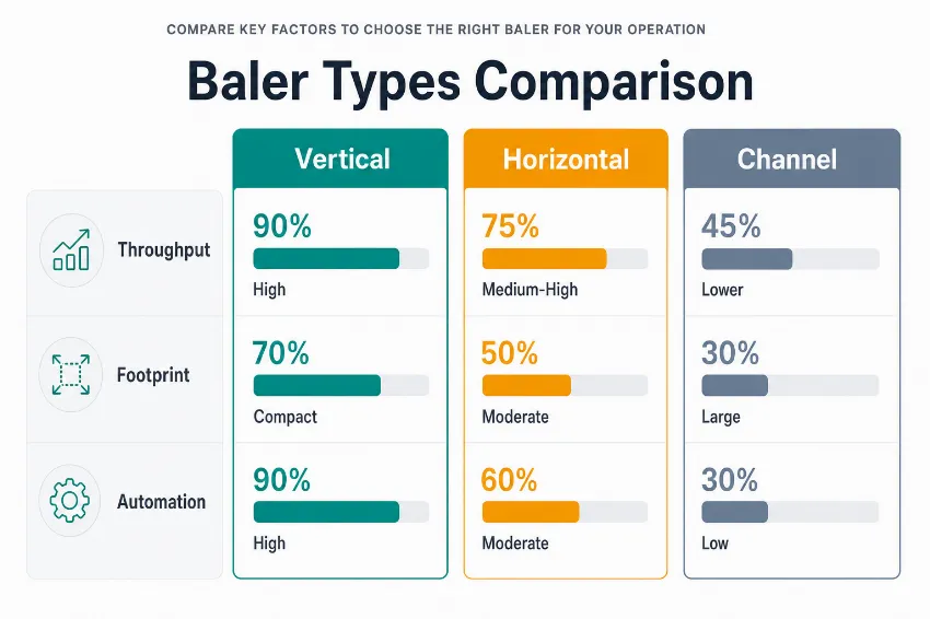 Modern data infographic comparing throughput, footprint, and automation levels of vertical, horizontal, and channel baler machines.
