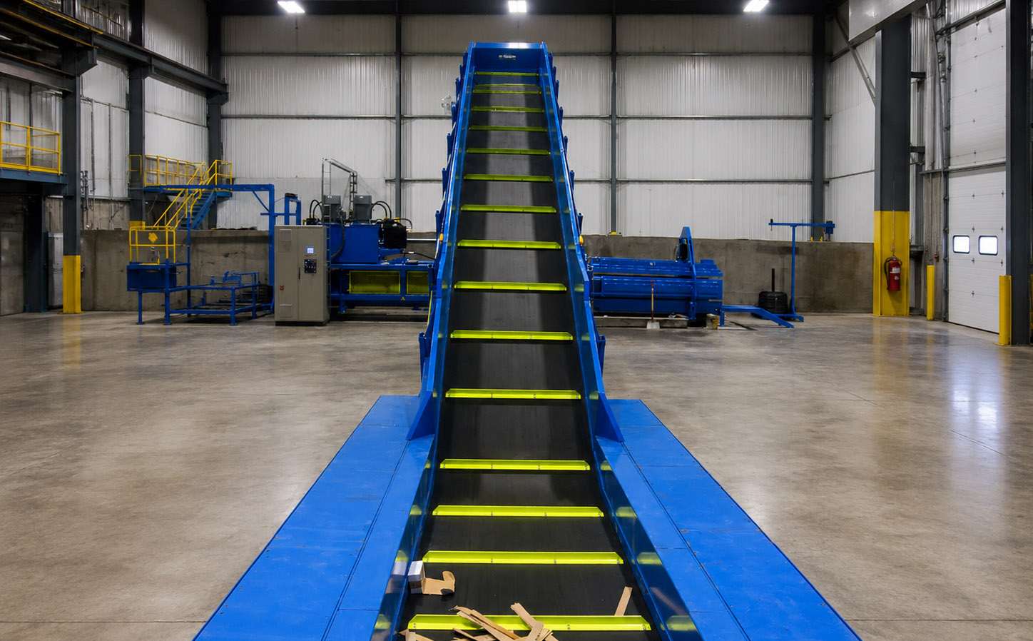 Eingebautes blau-gelbes Förderband in einer Industriehalle, das Material in einem Produktions- oder Recyclingprozess transportiert.