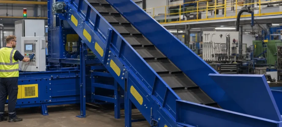 förderband arten: Hochwertige Industrieaufnahme eines massiven Förderbandsystems für Recyclinganlagen