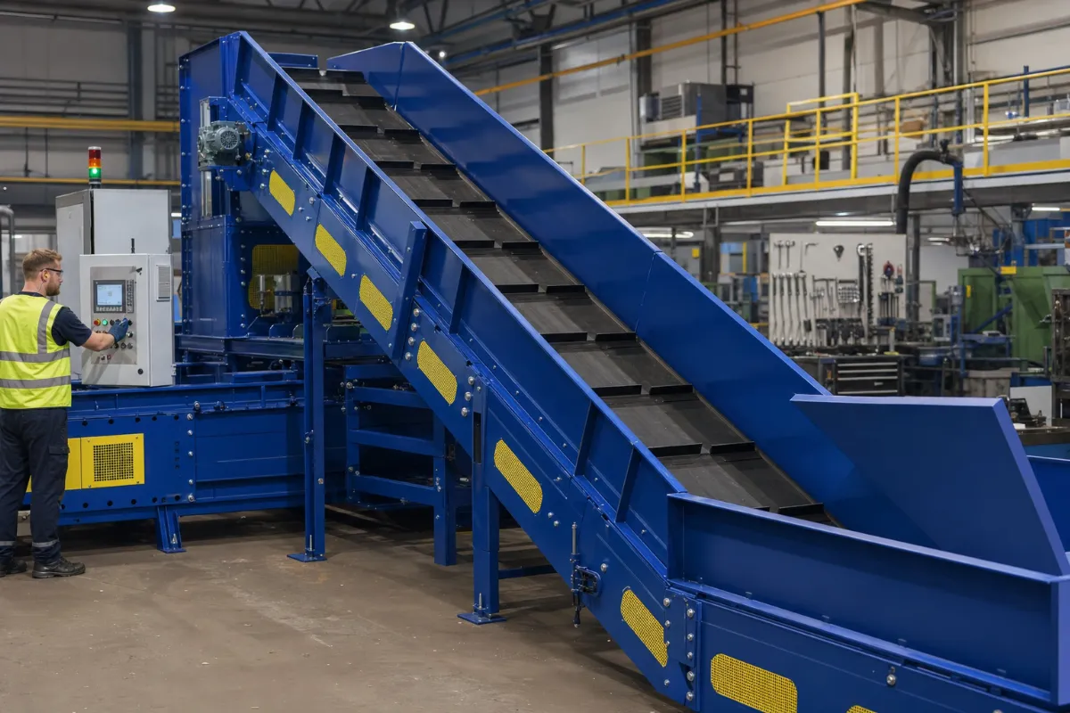förderband arten: Hochwertige Industrieaufnahme eines massiven Förderbandsystems für Recyclinganlagen