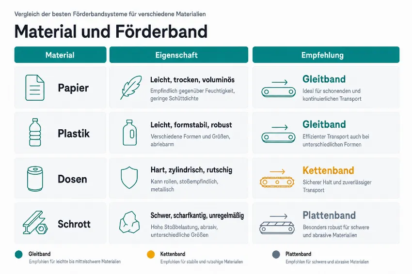Tabellarische Infografik, die verschiedene Materialien wie Papier, Plastik und Schrott den passenden Förderbandtypen zuordnet.