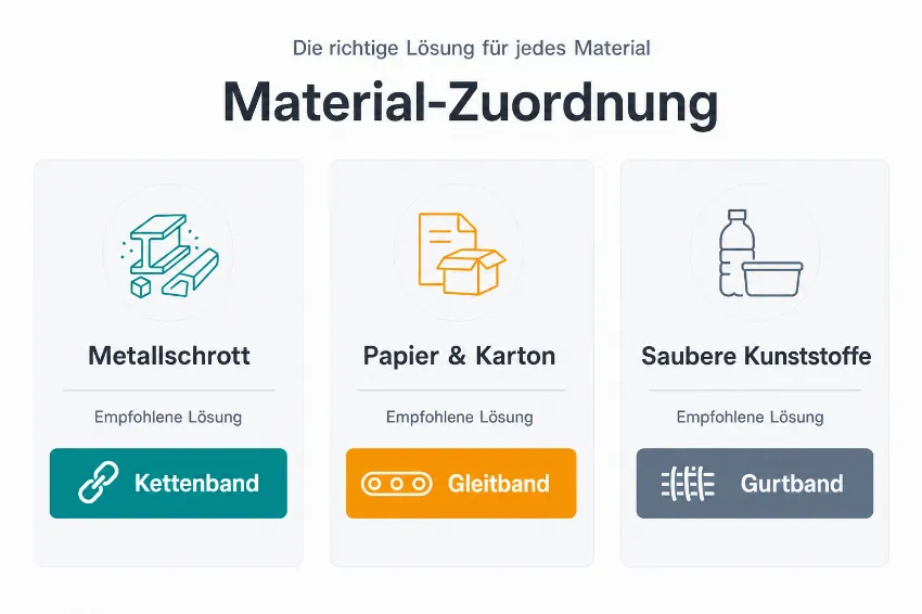 Infografik zur korrekten Zuordnung von Fördersystemen nach Materialart
