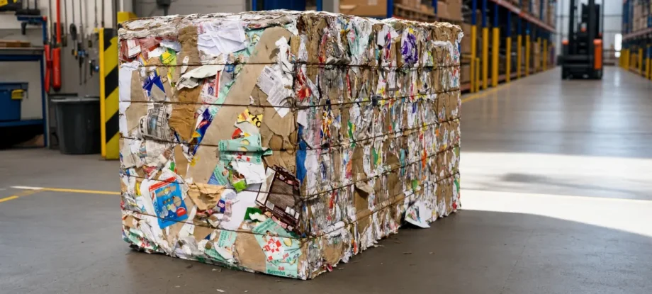 A highly compacted, wire-tied mill-size cardboard bale resting on a clean concrete floor in a modern logistics center.