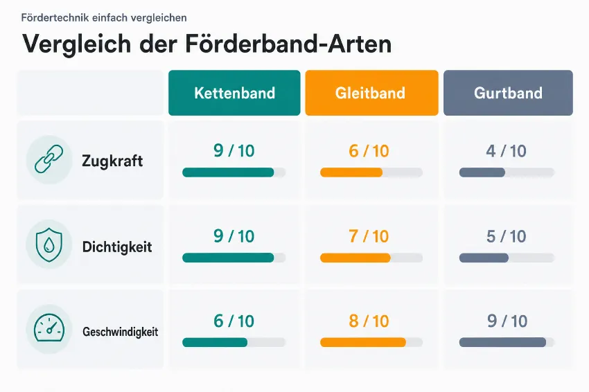 Infografik zum technischen Vergleich von Kettenband, Gleitband und Gurtband