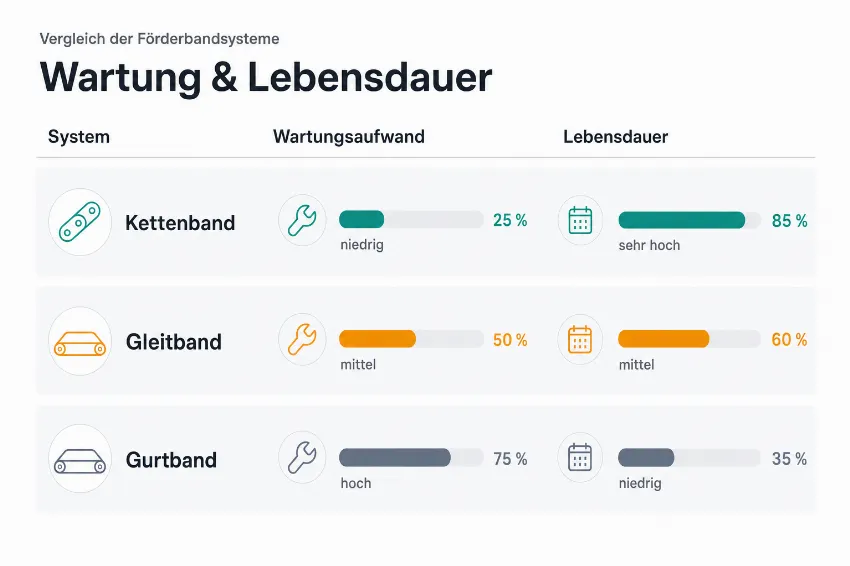 Infografik zur erwarteten Lebensdauer und zum Wartungsaufwand von industriellen Förderbändern