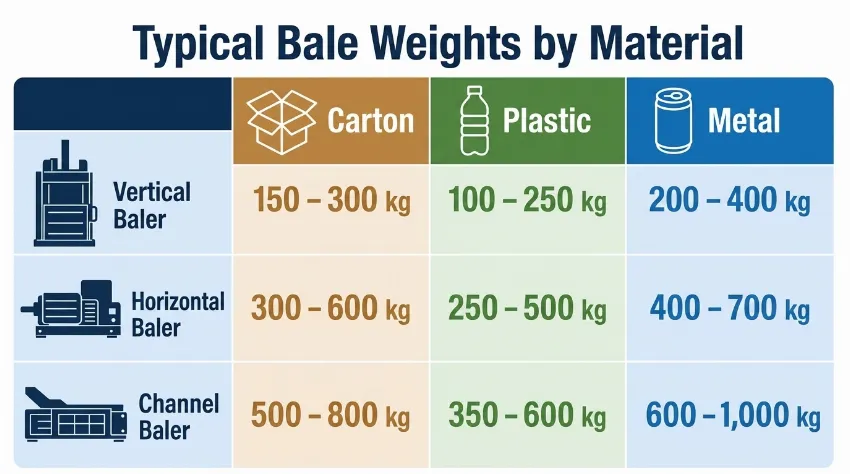 Comparison of typical bale weights by material and machine type.