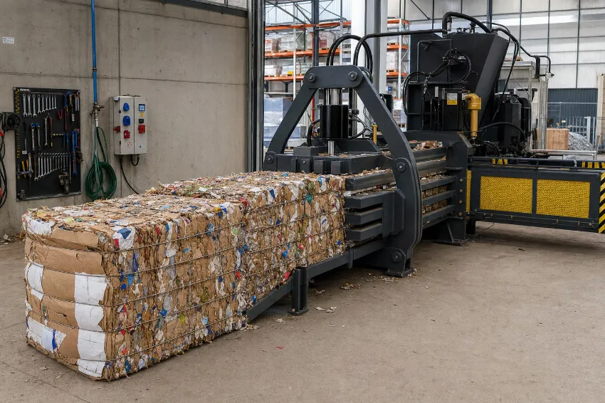 A baler that compacts cardboard into heavy, mill-size bales.