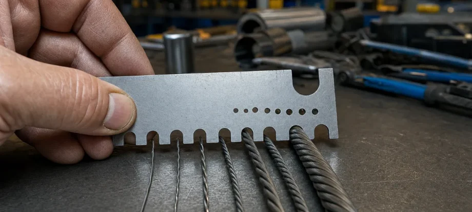 Measuring baling wire diameter with a steel wire gauge plate