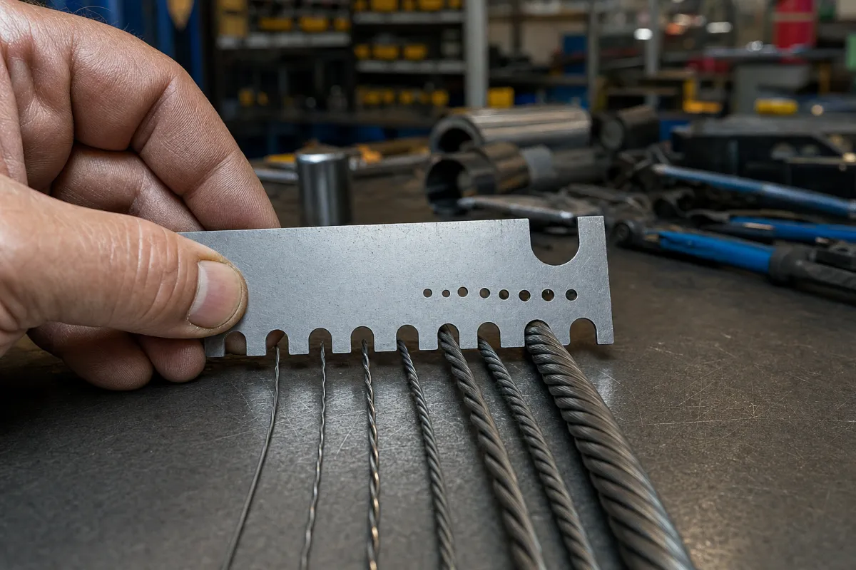 Measuring baling wire diameter with a steel wire gauge plate