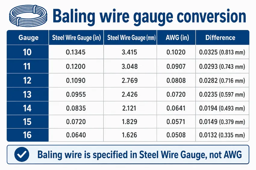 Conversion table for baling wire gauges in Steel Wire Gauge, AWG and millimetres