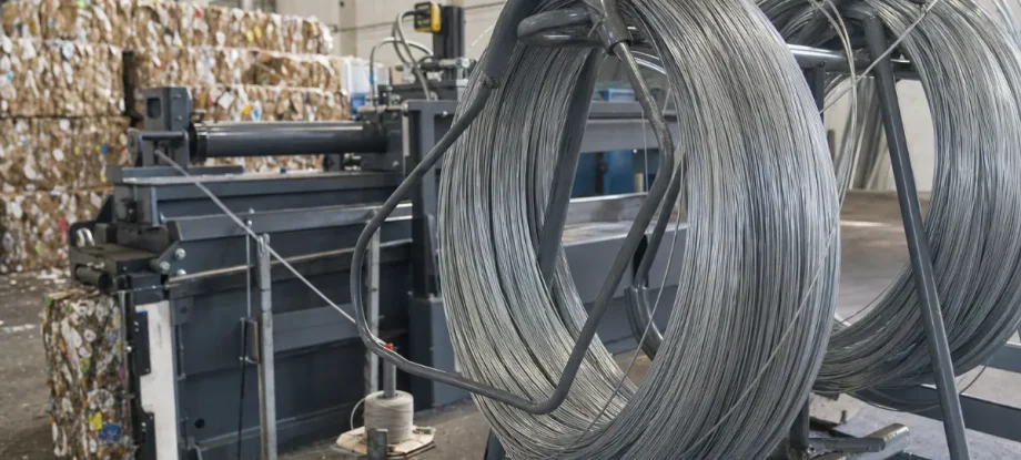 Coils of galvanized baling wire feeding a channel baling press